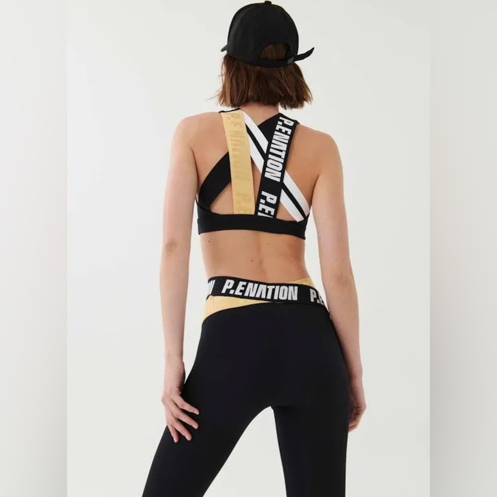 P.E Nation Backswing Sports Bra Small and Leggings Medium Black Gold